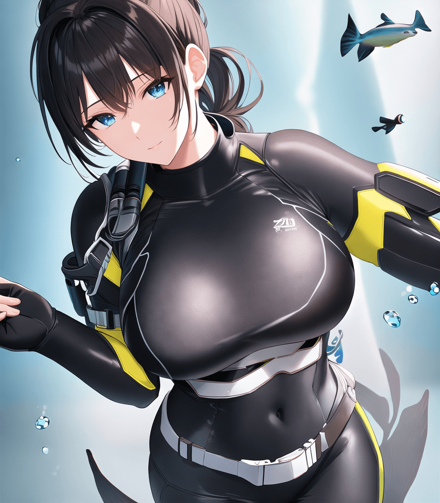 AI generated: (perfect anime illustration), 1girl, solo, (ponytail), brown hair, (huge breasts:1.3), black scuba d...