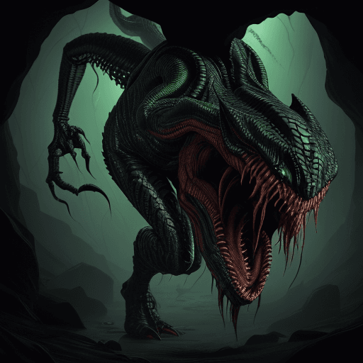 AI generated: Full body photo of a scary alien creature that looks like a reptile with venom coming out from its m...