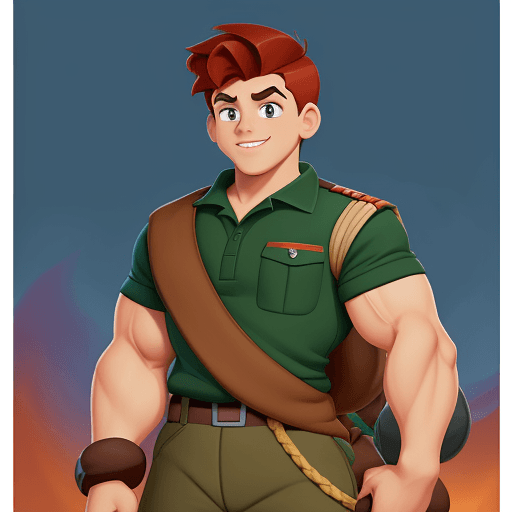 AI generated: a muscular boy scout, disney cartoon, grenn background, 