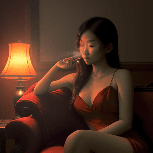 AI generated: photography, dimly lit room with a hazy atmosphere, capturing a Asian female figure lounging on a de...