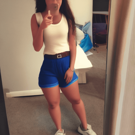 AI generated: Thick college girl with glasses and fair skin wearing shorts and a tank top.