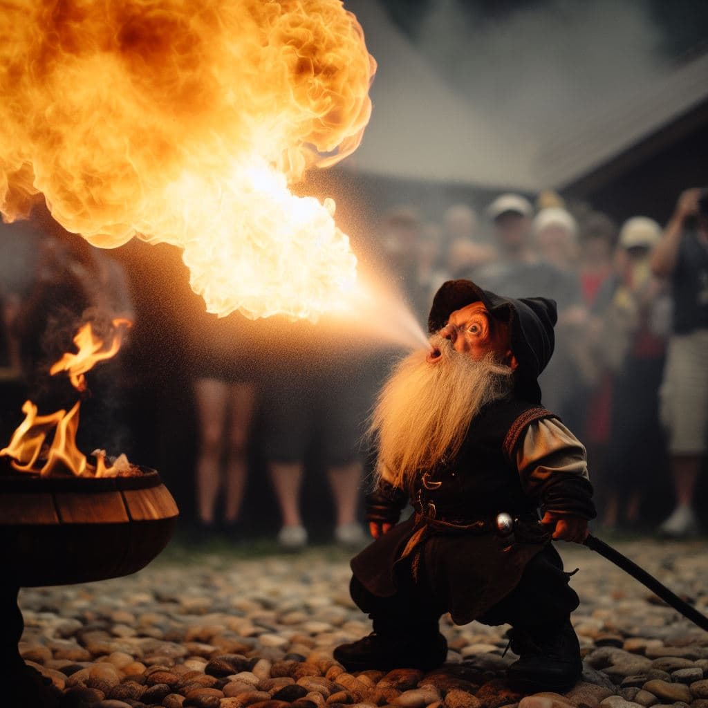 AI generated: Dwarf fire eater performer spitting fire,  RAW photo,  dslr, high quality, film grain, Fujifilm XT3 