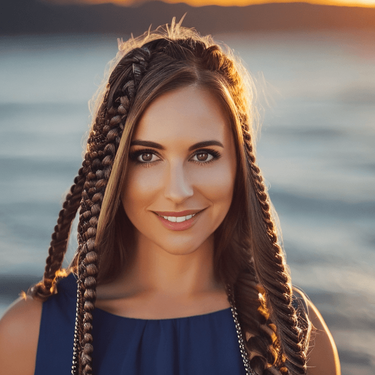 AI generated: Lovely brown eyed woman walking by the sea at sunset. Long elegantly braided hair. Highly detailed p...