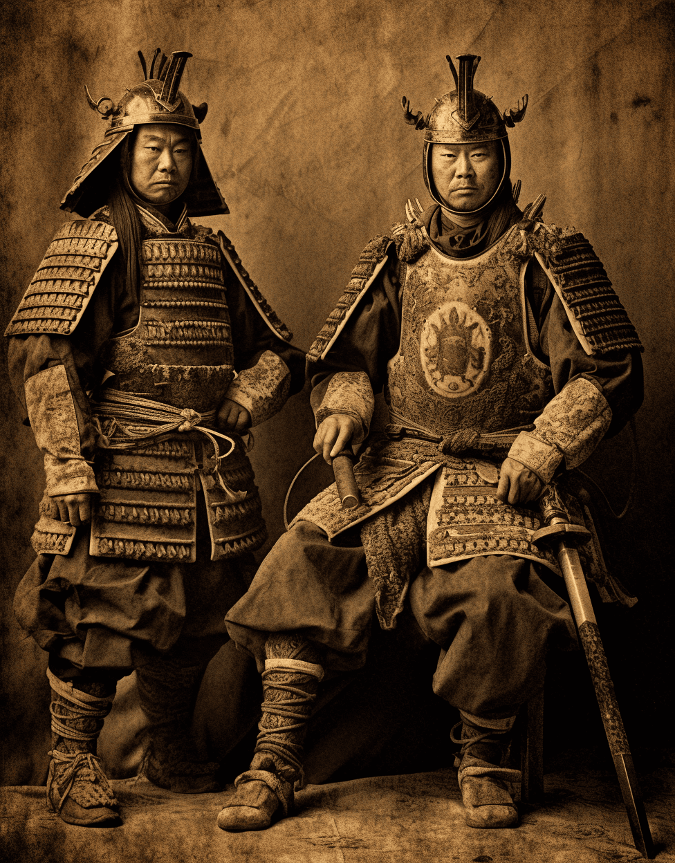 AI generated: two samurai in armor stand in a black and white picture, in the style of uniformly staged images, in...
