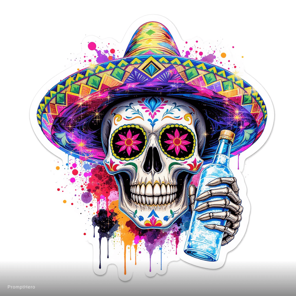 AI generated: A unique Mexican sugar skull smiling, wearing a highly detailed colorful sombrero hat, holding a fro...