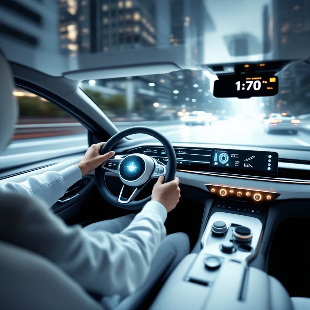 AI generated: Intelligent car driving, sense of technology, sense of the future, minimalist style, high quality --...