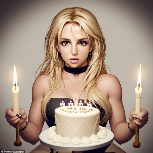 AI generated: Britney Spears with the long blonde hair celebrates her 43rd birthday holding a 43 candle cake