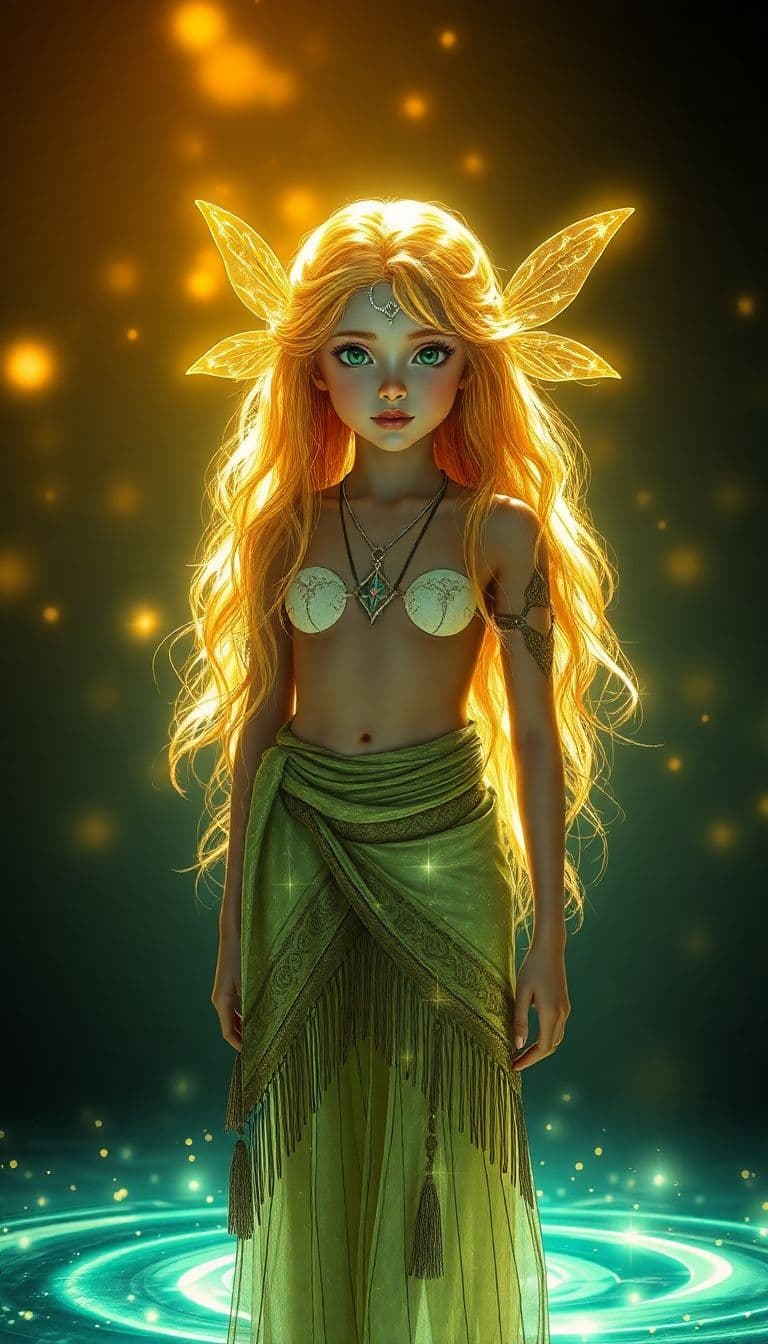 AI generated: a professional photo of a exceptionally of the most beautiful fae girl (age 13) in the world fae  wi...