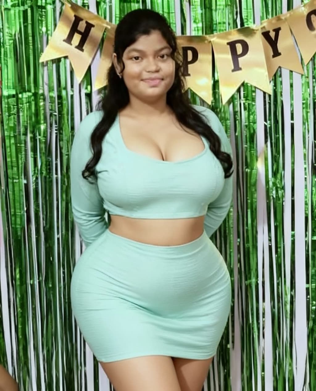 AI generated: Looking short dress like tight dress, tshirt, huge chest,huge hips slim and Jim dress with top,wears...