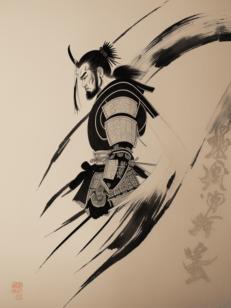 AI generated: Japanese ink drawing, in the style of samurai legends, intricate brushwork, setting sun --ar 71:128