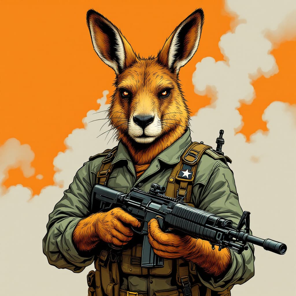 AI generated: An anthropomorphic Kangaroo who is dressed as a solder in the Australian Army, stationed in Sydney, ...