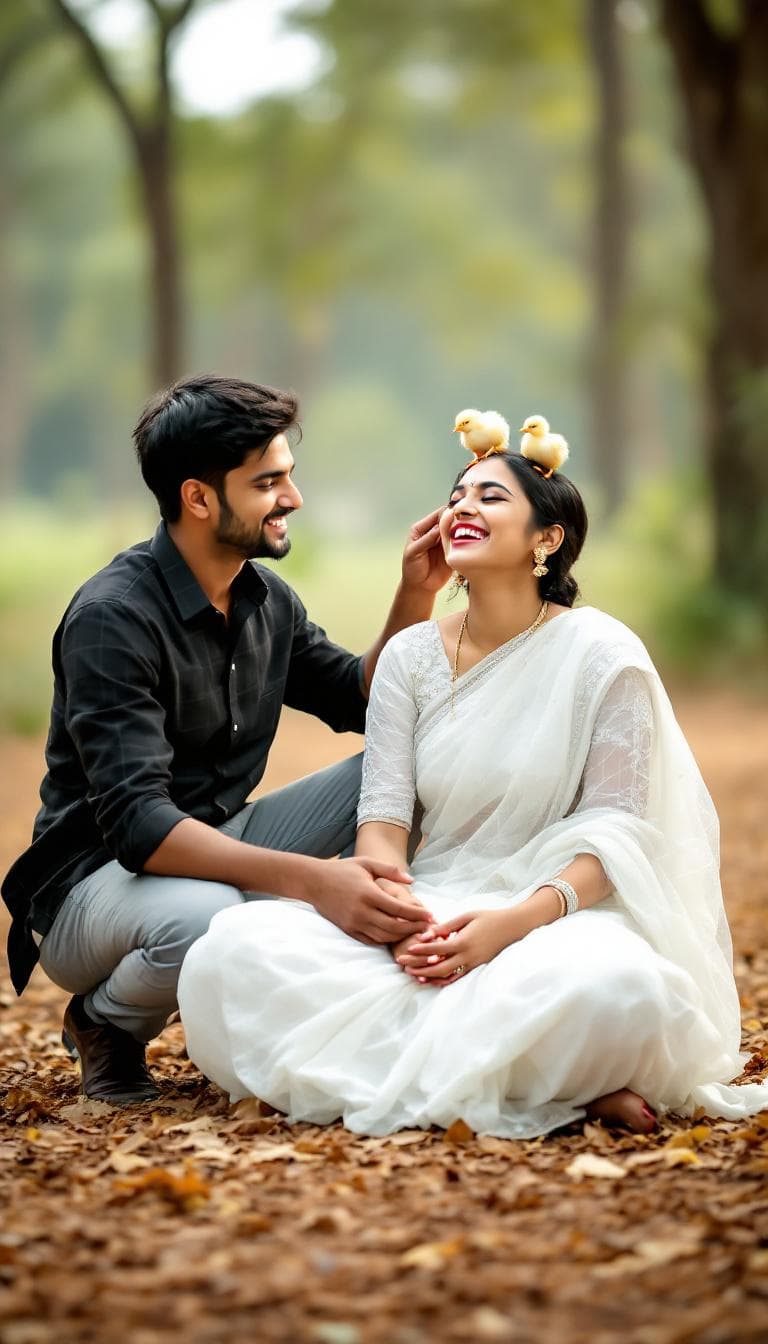 AI generated: A playful outdoor moment in a soft forest setting. A young South Indian couple is sitting on the dry...