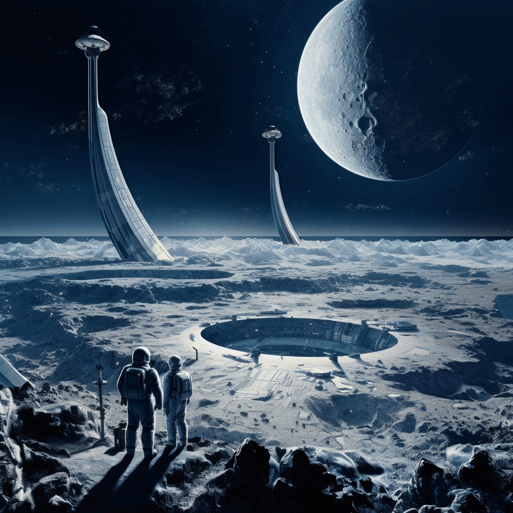 AI generated: science base on the surface of alien moon, planet hangs in the sky above the moon, future, scifi 