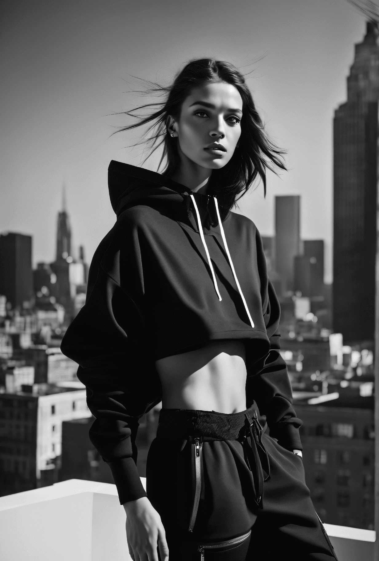 AI generated: Fashion editorial style b&w Exploring the intricate details of small subjects in b&w, waist up, mast...