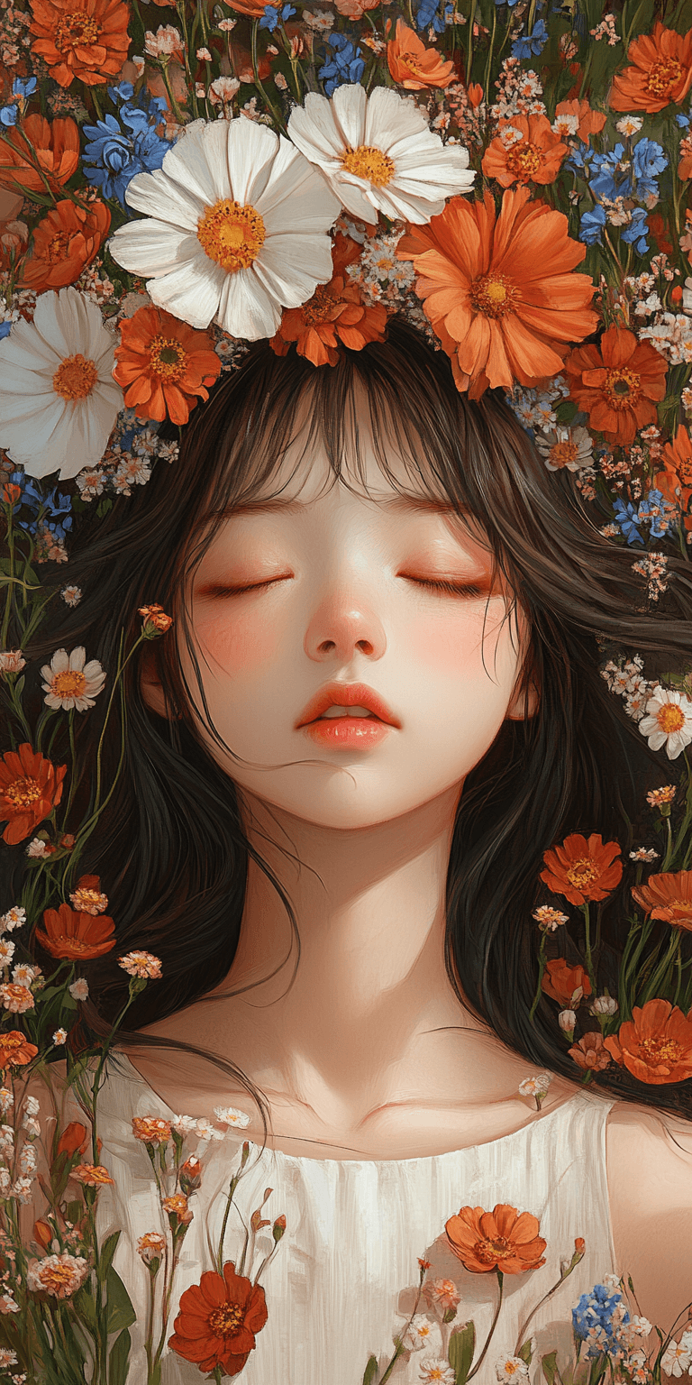 AI generated: A beautiful illustration of an Asian girl with flowers on her head, eyes closed and lying down in th...