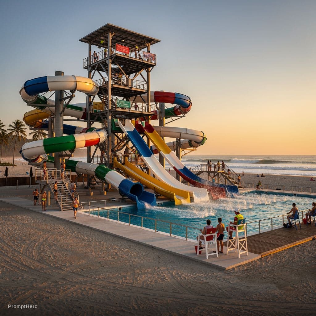 AI generated: A large realistic water slide park built directly on a sandy beach, the main slide structure is as t...