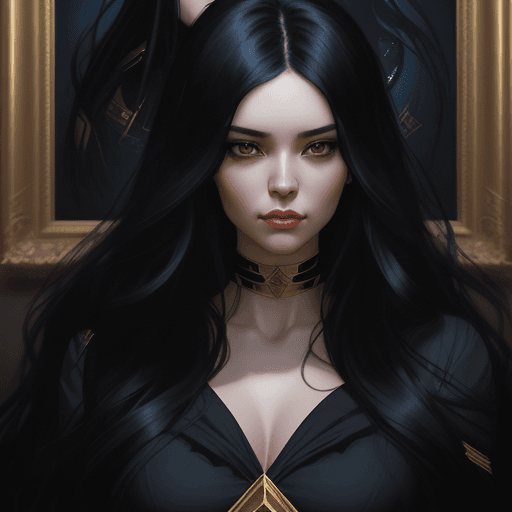 AI generated: a woman with long black hair in a gold painting, in the style of charlie bowater, dark blue and dark...
