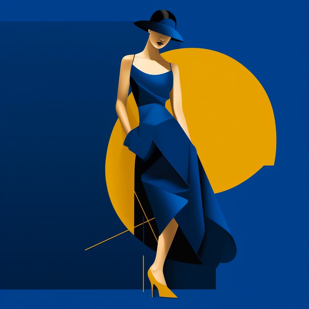 AI generated: a flat illustration of a fashio girl, exaggerated pose, sapphire blue vs gold cloth and hair, minima...