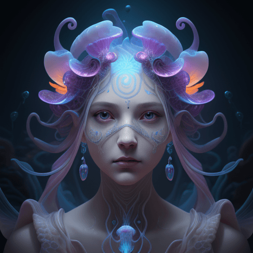 AI generated: Goddess close-up portrait ribcagel. jellyfish phoenix head, nautilus, orchid, skull, betta fish, bio...