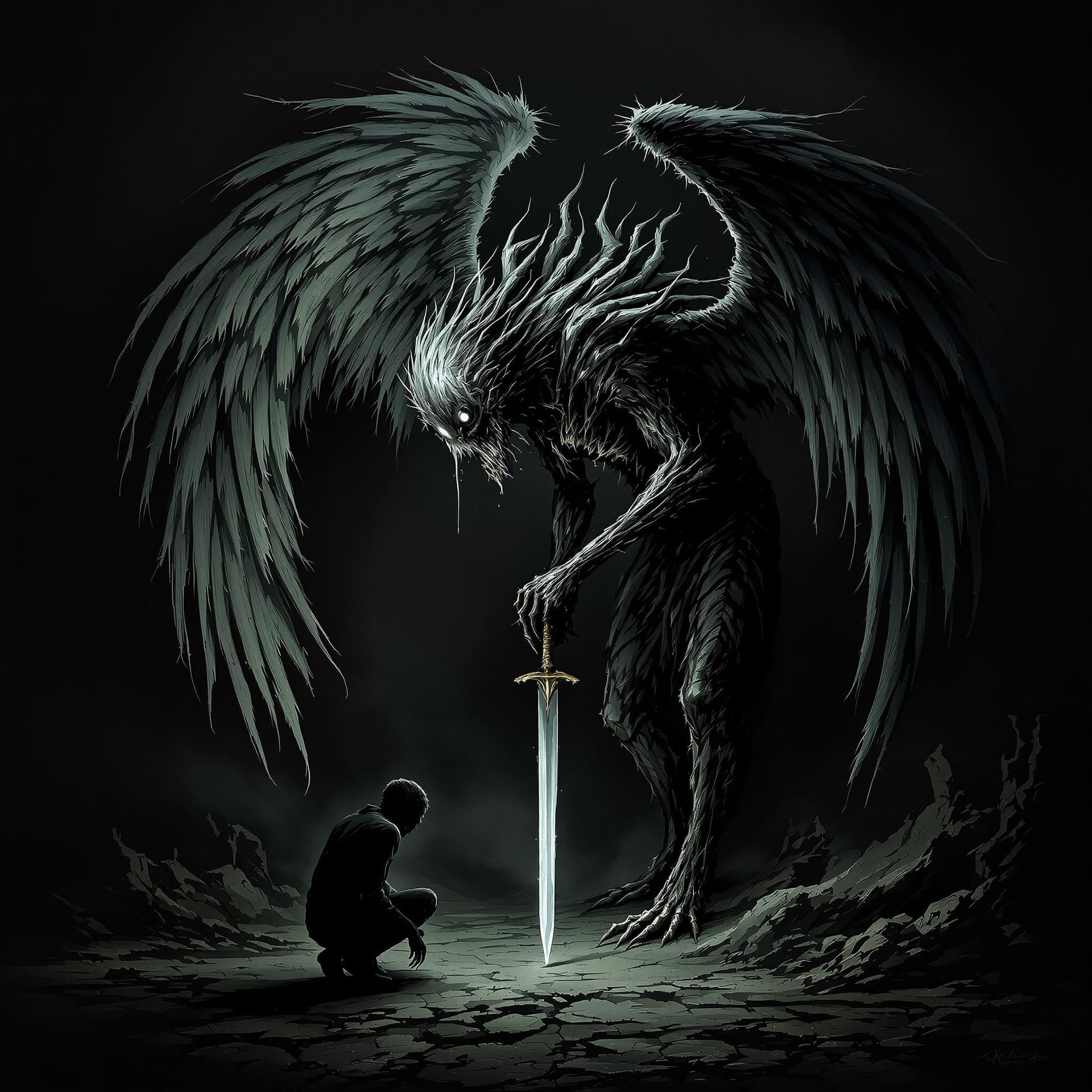 AI generated: A dark and macabre 9 by 21 portrait depicting a side-view of a twisted, abominable angel, wielding a...