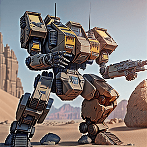 AI generated: A mechwarrior ,electronics,details ,concept,in desert with rocks and stones,machinegun in right hand...