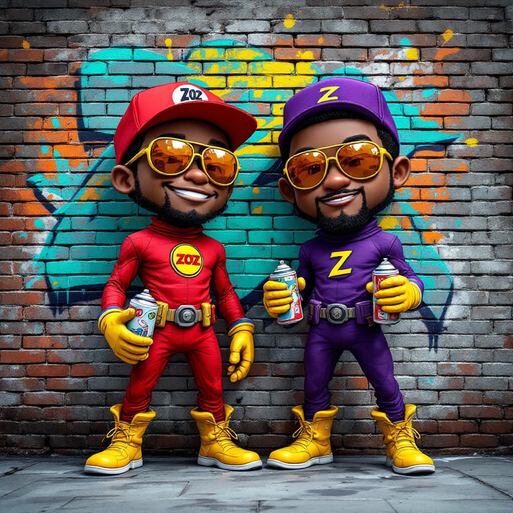 AI generated: hyper real on a brick wall A BLACKMAN IN A RED SPANDEX SUIT with a zoz logo on his chest , WITH YELL...
