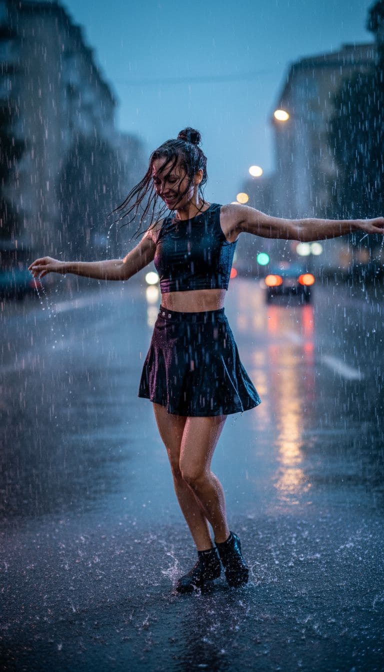 AI generated: Dancing in heavy rain, A beautiful lady, face and body are wet, messy bun hair 32k UHD, highly detai...