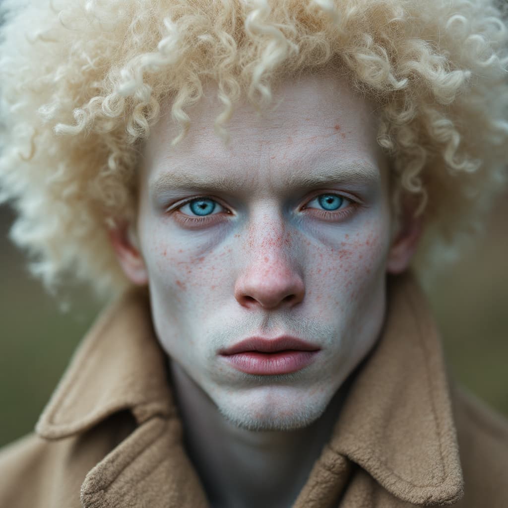 AI generated: Portrait of an androgynous man with albinism, pale freckled skin, icy blue eyes, full platinum blond...