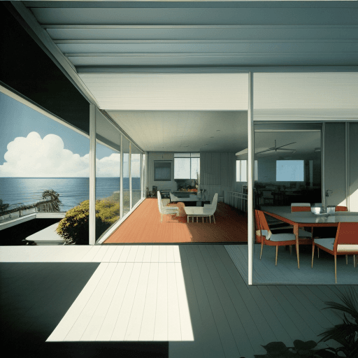 AI generated: Hyper realistic eye level exterior photo of a mid century modern style house overlooking the ocean, ...