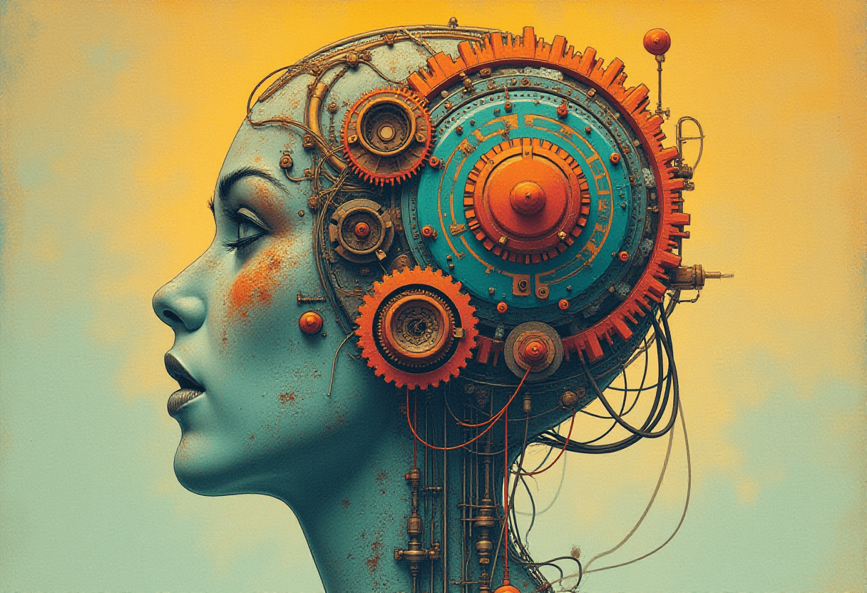 AI generated: scientific photography of an illustration of a head and a gear wheels on top of it,in the style of f...