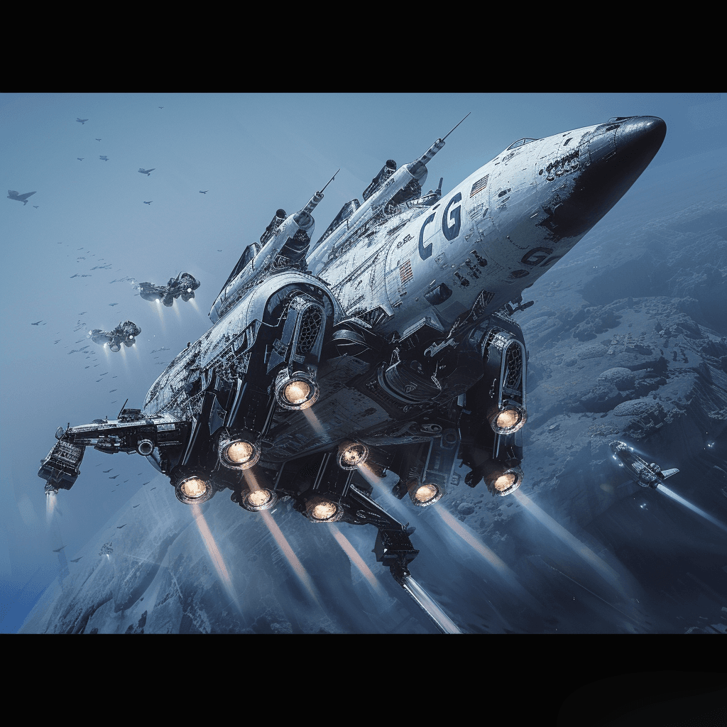 AI generated: in space, futuristic epic sci-fi, wide angle, men and women soldiers space marines with machine gun ...