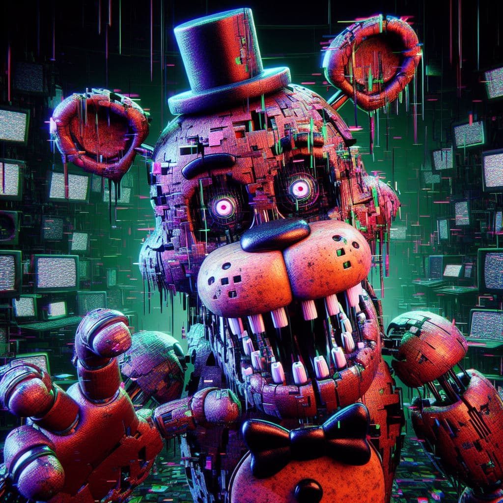 AI generated: a nightmarish 3D rendering featuring Glitched Freddy from Five Nights at Freddy's. Immerse Glitched ...