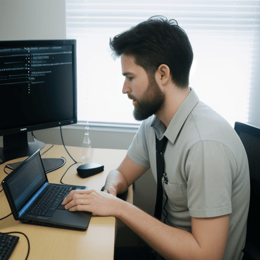 AI generated: Programmist Guy looks at the computer, sit and do coding, hyper realistic photo, In post - productio...