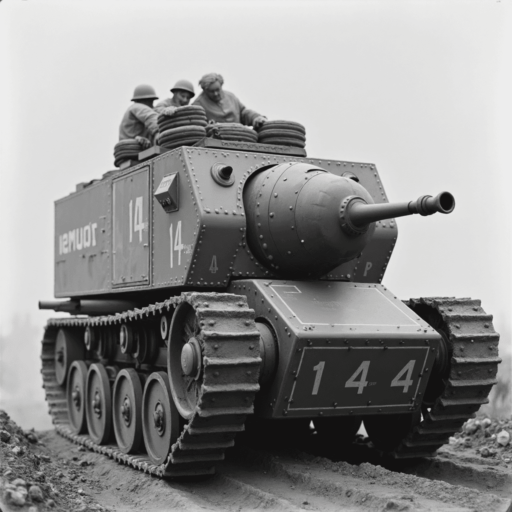 AI generated: A vintage black-and-white photograph of a  delivery vehicle modeled after a battle tank, rolling acr...