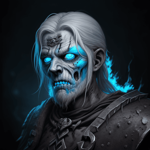 AI generated: norse draugr, undead, Viking, desiccated, flaming blue eyes, dark background, artstation hd, charact...