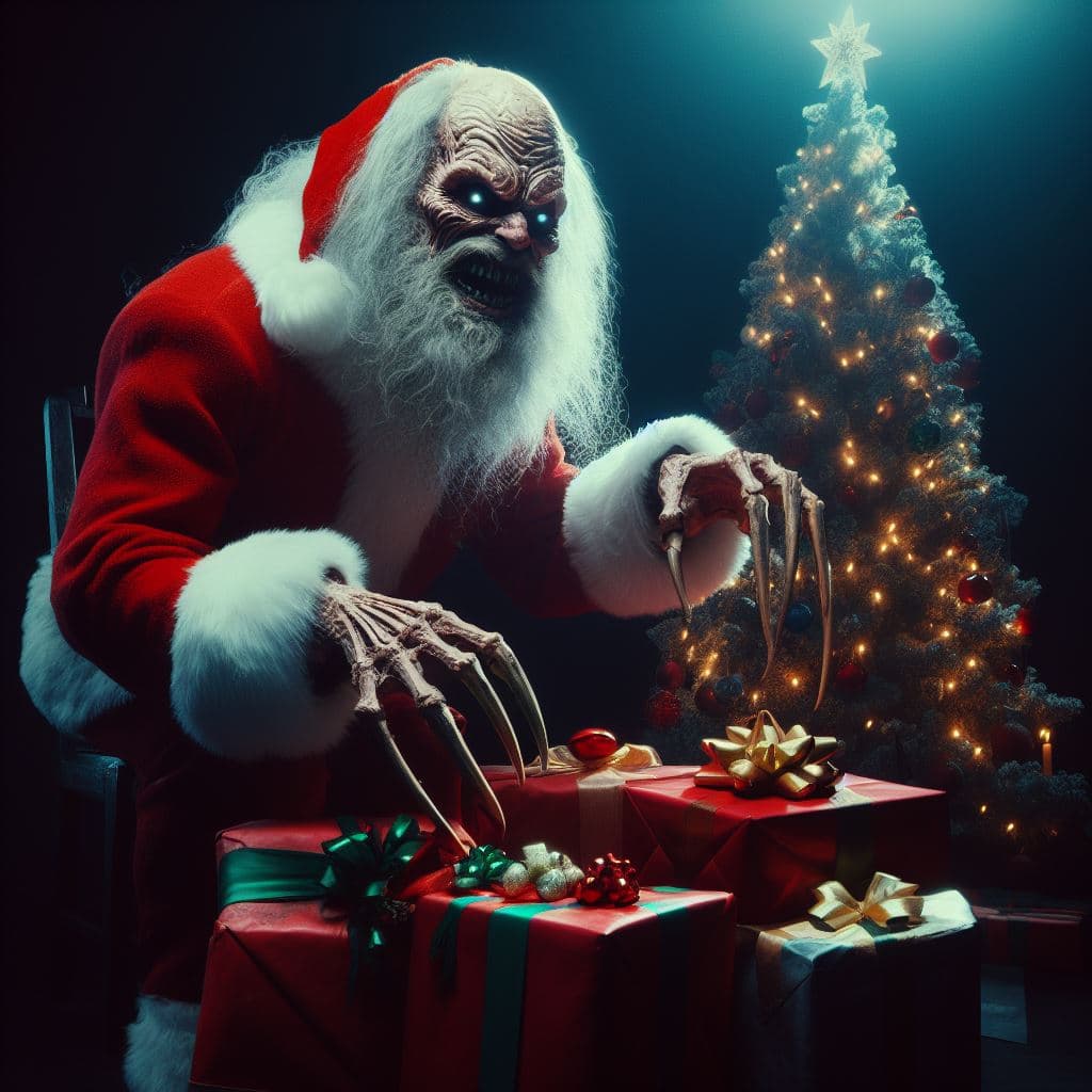 AI generated: santa clause, christmas tree,presents,nightmare Version, greg rutkowski and Guillermo del Toro, dyna...