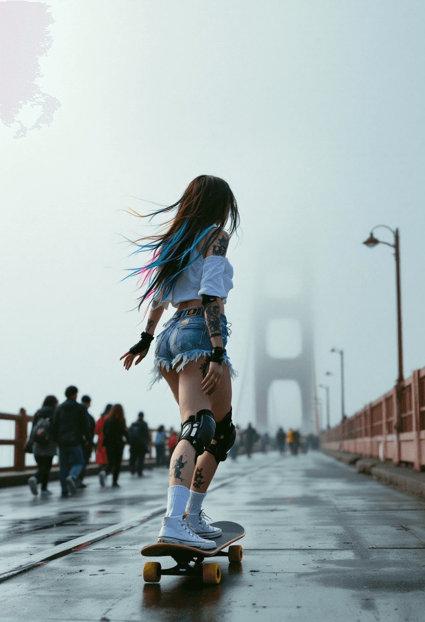 AI generated: (8K) viewed from the side, masterpiece image of a beautiful brunette Japanese girl riding a skateboa...