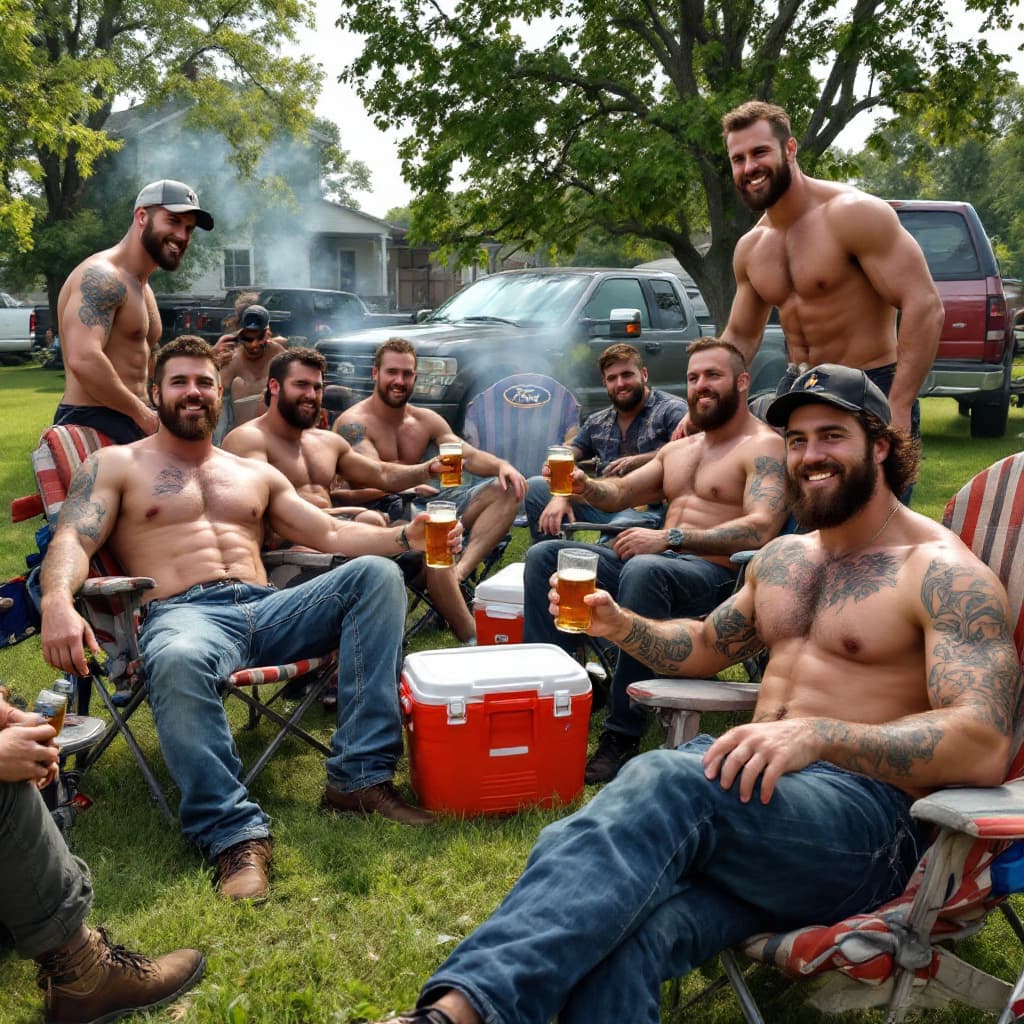 AI generated: Lawn chairs in the grass, coolers, beer, cook out, lots of hot sexy shirtless frat brothers, muscles...
