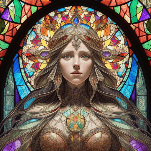 AI generated: stained glass art of goddess, mosaic-stained glass art, stained-glass illustration, close up, portra...