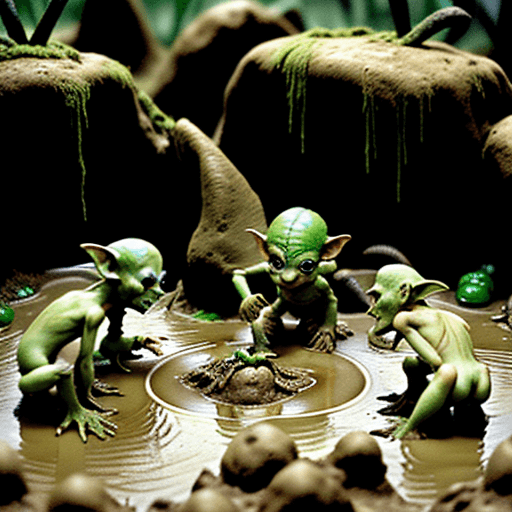 AI generated: Group of small green Goblins eating raw human flesh in mudpit