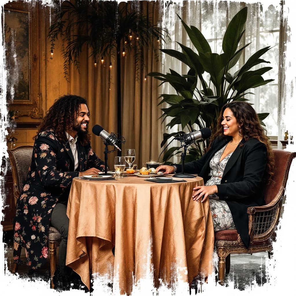 AI generated: A very lavish 2 person podcast set up one male one female sitting sie by side same table 
