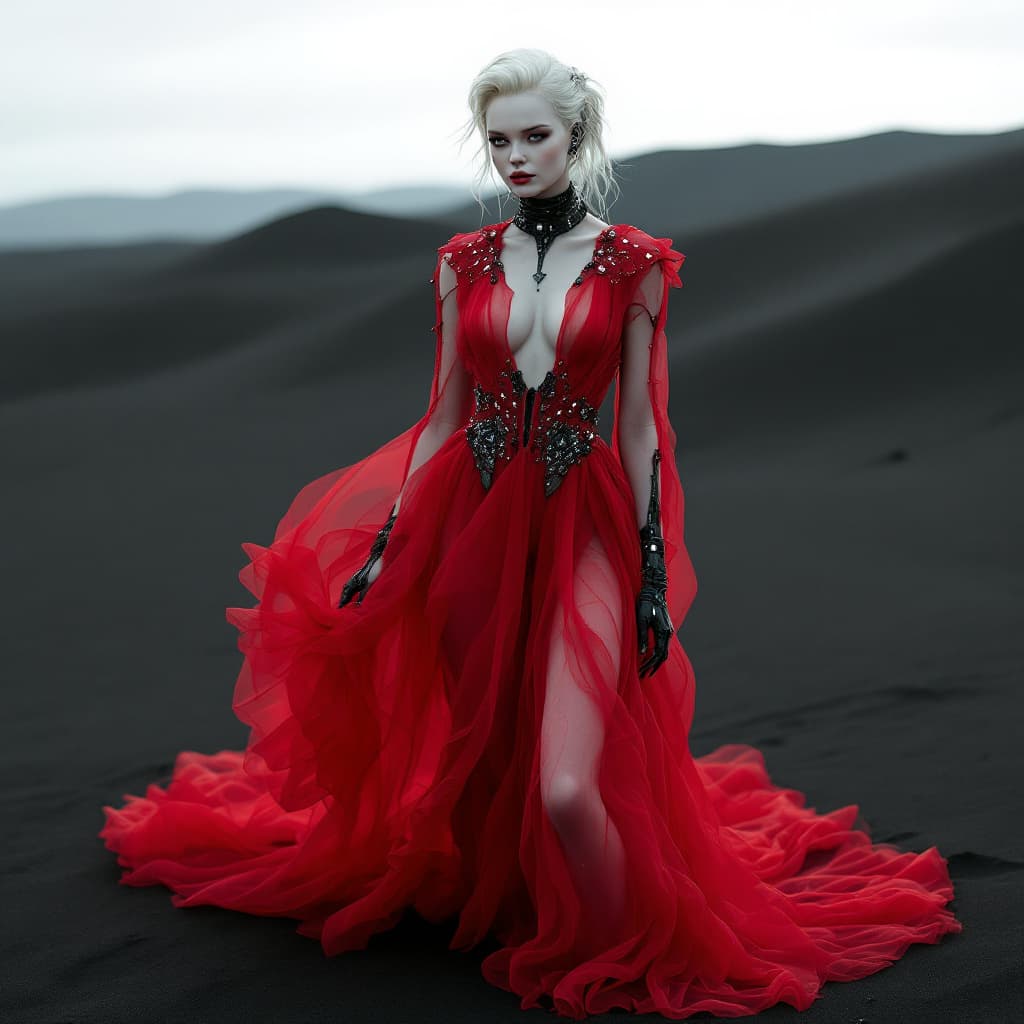 AI generated: a beautiful cyborg white woman wearing a delicate red organza dress (with subtle electronic pieces i...