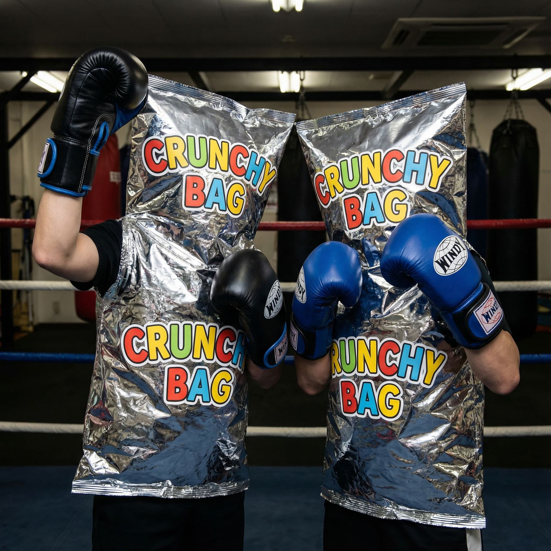 AI generated: please put the gloves that provided as Windy boxing glove in black and blue in each character "crunc...