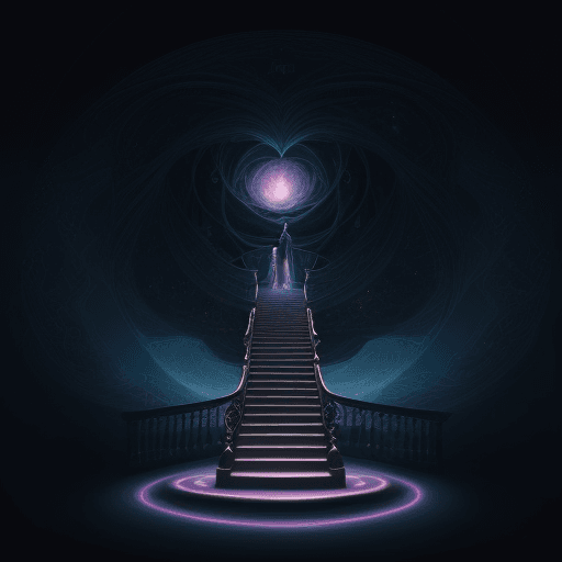 AI generated: A dreamy illustration of an infinite staircase leading to the universe, with books and characters on...