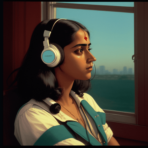 AI generated: Girl with headphones listening to music. Realism style, VHS. Tri-X 400 film. 35mm lens. Wildlife pho...
