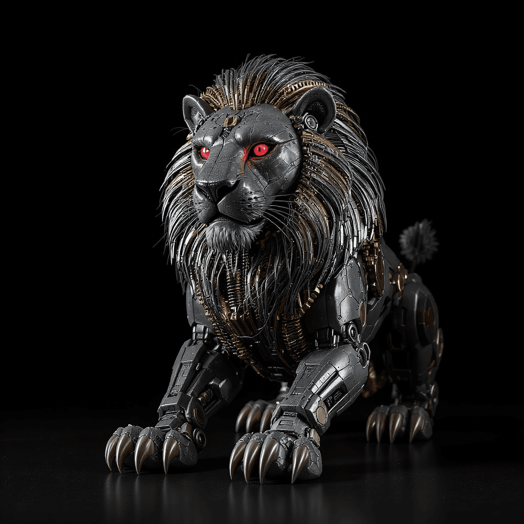AI generated: Centered image. 400 pixels. A small sculpture of a mechanical lion with articulated claws, complex l...
