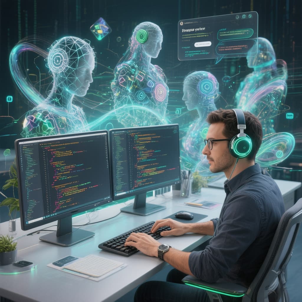 AI generated: Modern corporate illustration capturing vibe coding essence - Colombian software developer in produc...