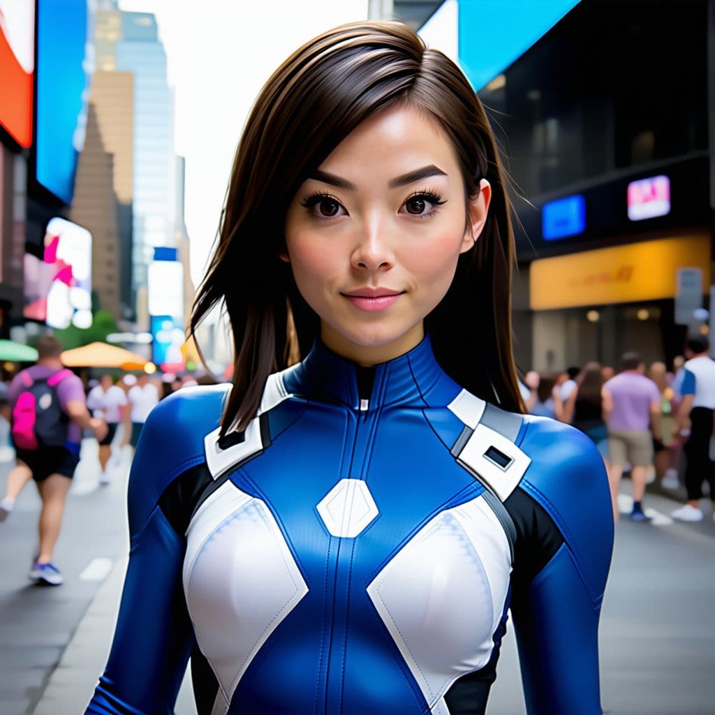 AI generated: Create an action shot of Dva from the Overwatch game, wearing a blue and white spandex bodysuit. Pet...