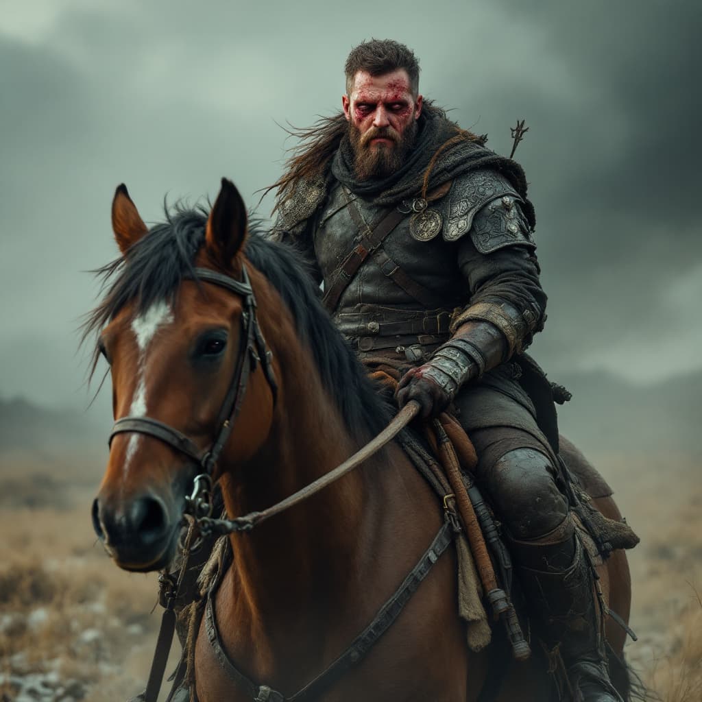 AI generated: An injured archer on a horse riding home from a post apocalyptic medieval world 