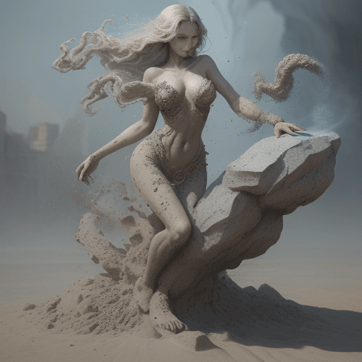AI generated:  she is a gorgeous woman-like being created out stone ((she is coming out from the ground), dust dan...